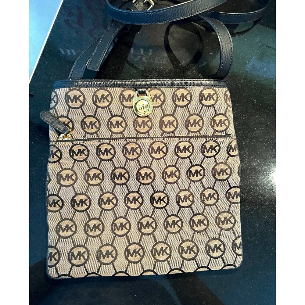 Michael Kors Fulton Black Beige Jacquard Logo Crossbody Purse Bag